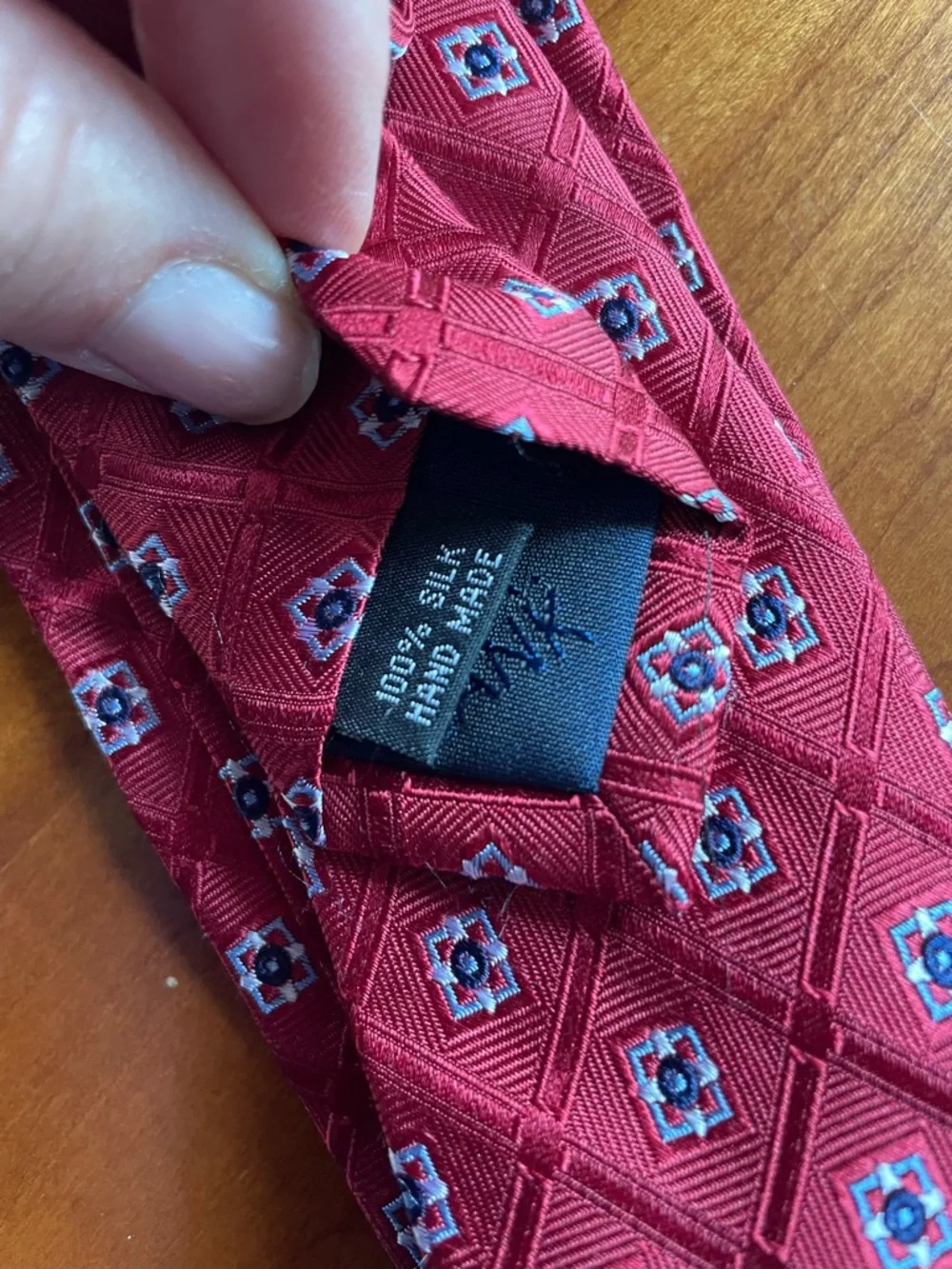 Jos.A.Bank Silk Tie Red Blue Small Square Pattern Hand Made Executive Collection